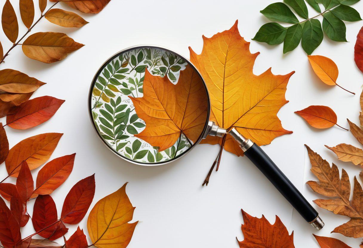 A lush forest scene showcasing diverse tree species with detailed leaves and bark textures, a magnifying glass highlighting a unique leaf pattern, and a small notebook with sketches of tree types, all set in warm, vibrant autumn colors to evoke a sense of exploration. super-realistic. vibrant colors. white background.