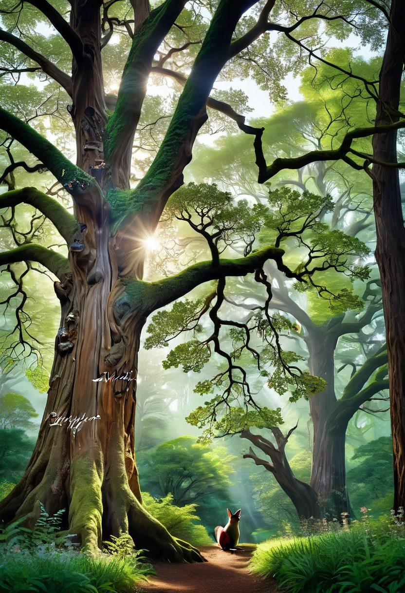 A serene forest scene with various tree species labeled with their names and meanings in flowing script. Include a majestic oak, a delicate cherry blossom, and a towering redwood, surrounded by an enchanting play of light filtering through the leaves. Incorporate subtle wildlife elements like birds and squirrels, integrating them harmoniously into the vibrant ecosystem. soft focus, natural colors, artistic illustration.